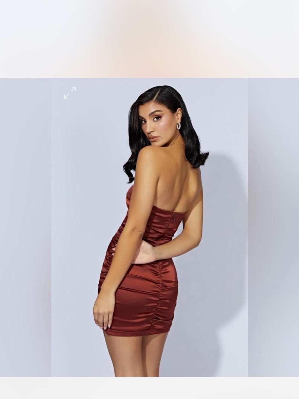 New Meshki Corinne ruched satin mini dress in cherry chocolate size Medium - Picture 2 of 8